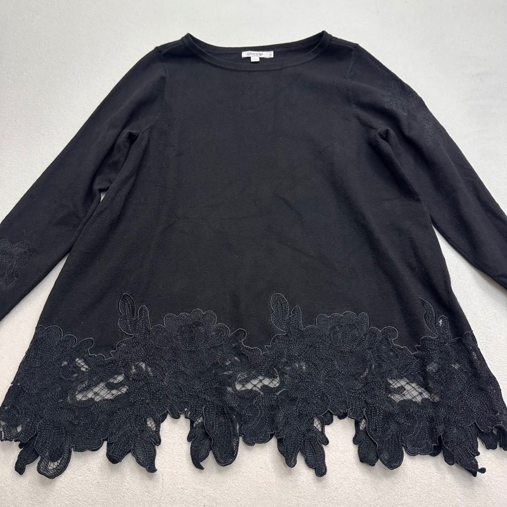 Chicos Black Lace Hem Tunic Knit Top Long Sleeve Cashmere Blend Size 1/Medium